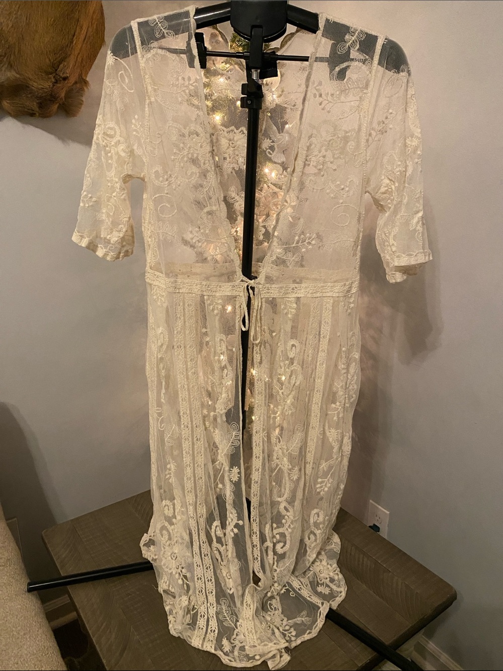 Sheer Embroidered Lace Robe - Cream